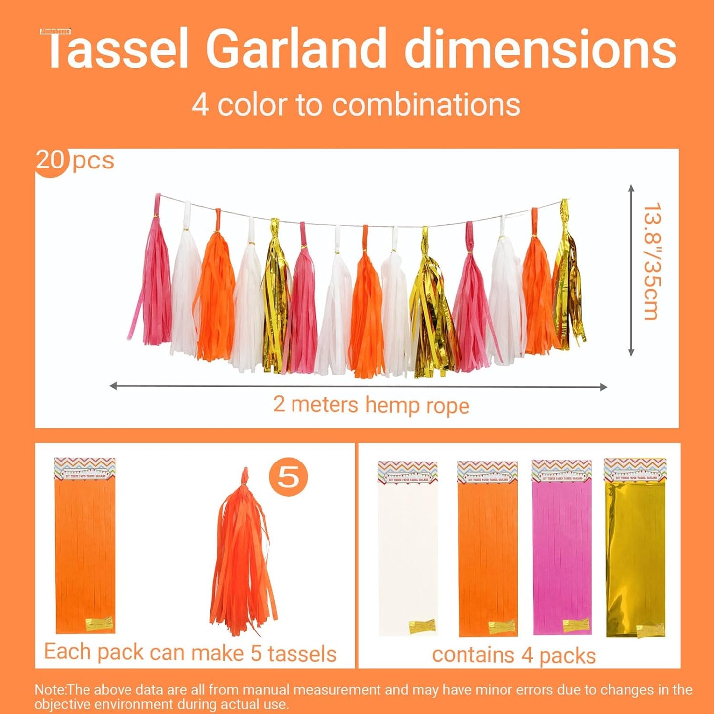 Shiny Tassel Garland Tissue Paper Tassel Banner,Tassels Decorations for Summer Luau Flamingo Girl,Wedding,Pumpkin Birthday Party,Bridal/Baby Shower,Pack of 20 (Hot Pink/Orange/Gold/White)