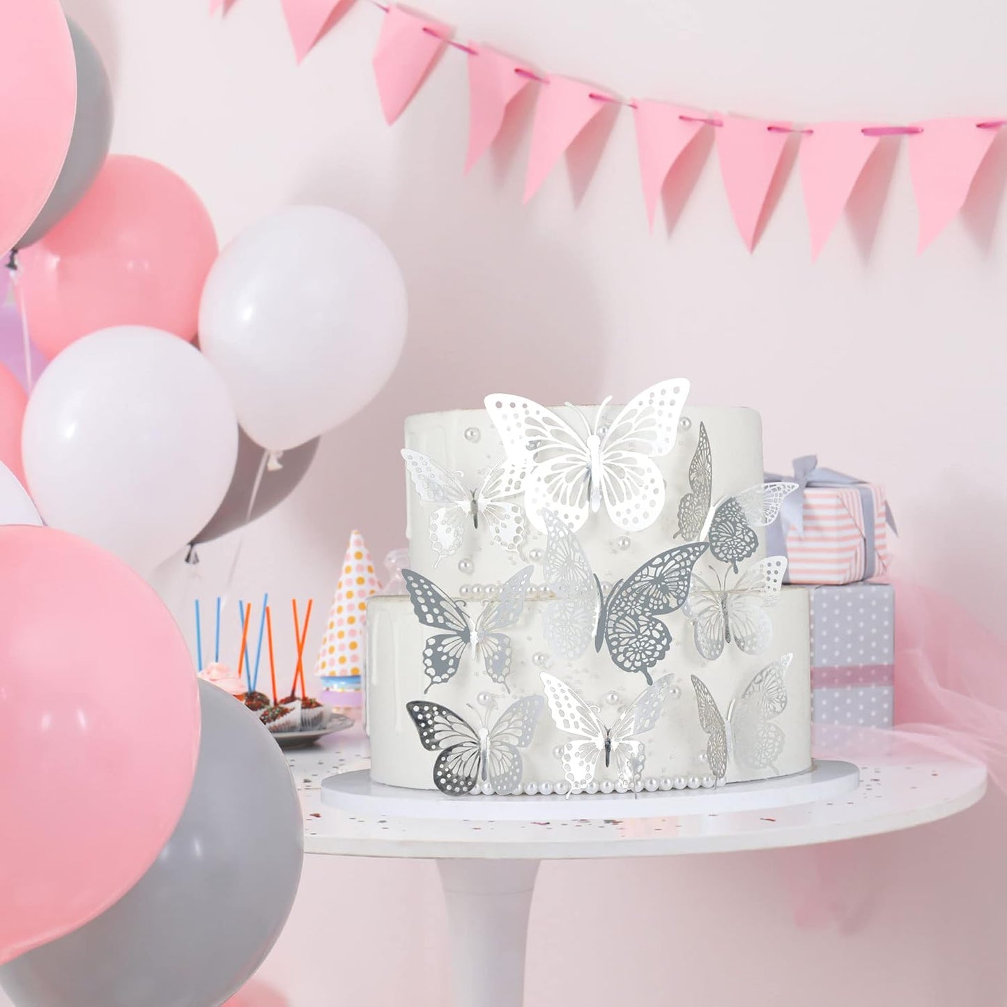 Gyufise 36 Pack Silver Glitter 3D Butterfly Cupcake Toppers Hollow Cake Decorations for Birthday Wedding Fairy Party Wall Sticker Decal