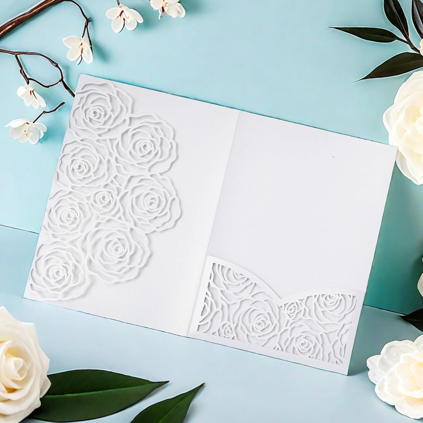 20 Pcs Laser Cut Wedding Invitations Card Pocket with Envelope for Birthday Party Baby or Bride Shower Invite suitable for 5 * 7 Inches Insert Paper (White)