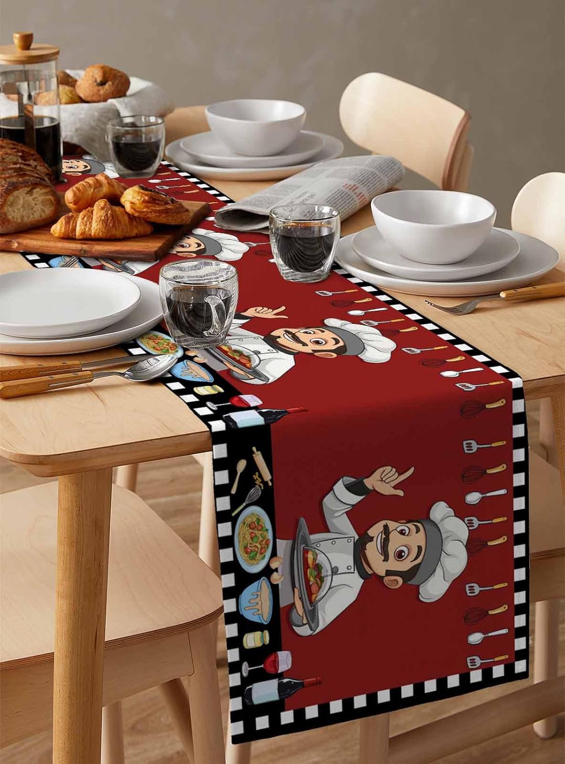 Red Chef Gourmet Cotton Linen Table Runner for Dining Kitchen, Wedding Outdoor Party Tablerunners Decoration, Black White Check Plaid Funny Kitchen Dresser Scarf Coffee Tablecloth Runners 13''x108''