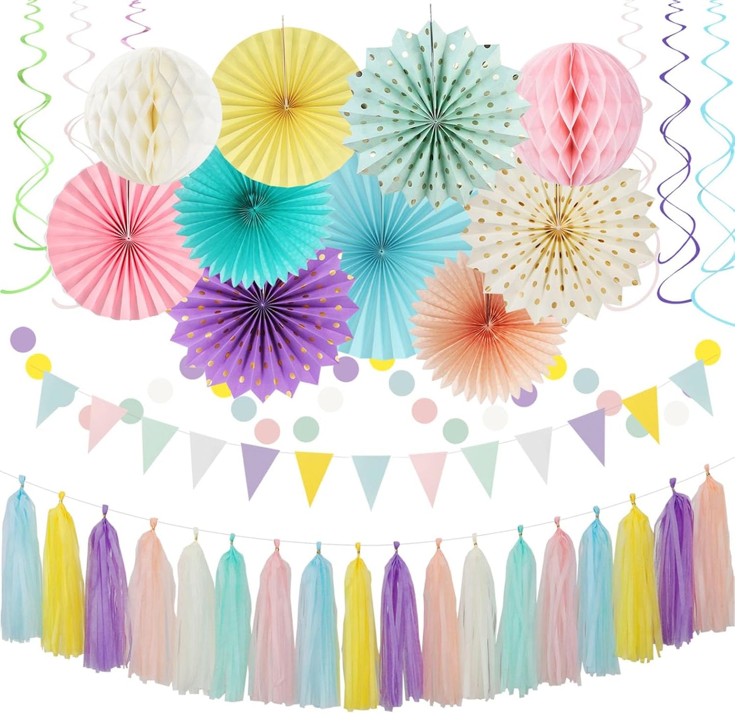 Pastel Rainbow Pink Purple Yellow Peach Party-Decorations - 33pcs Kits Banner,Streamers Tassel Garland,Tissue Pom Poms Honeycomb,Paper Lantern Fans,Birthday Wedding Bridal Baby Shower Decor Hugtmr