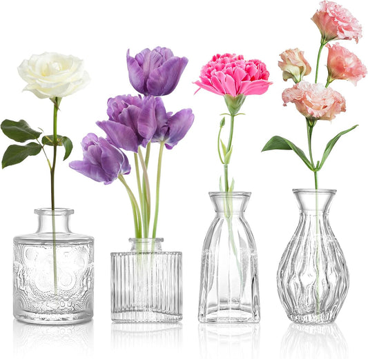 Glass Bud Vase Clear Bud Vases Set of 4 for Centerpieces, Vintage Glass Flower Vases in Bulk Suitable for Weddings, Parties or Home Decoration