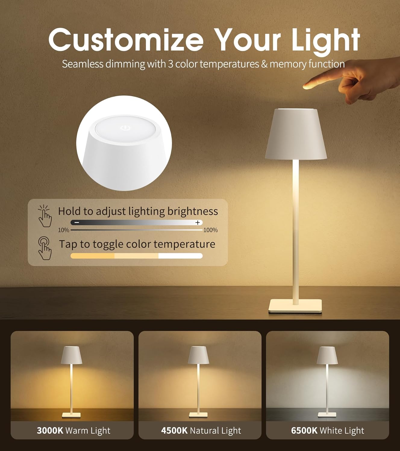UME Cordless Table Lamp, Battery Operated Lamp - Portable Waterproof Rechargeable Table Lamp w/ 3 Color Temps & Stepless Dimming for Dinner, Desk, Cafe, Outdoor (White)