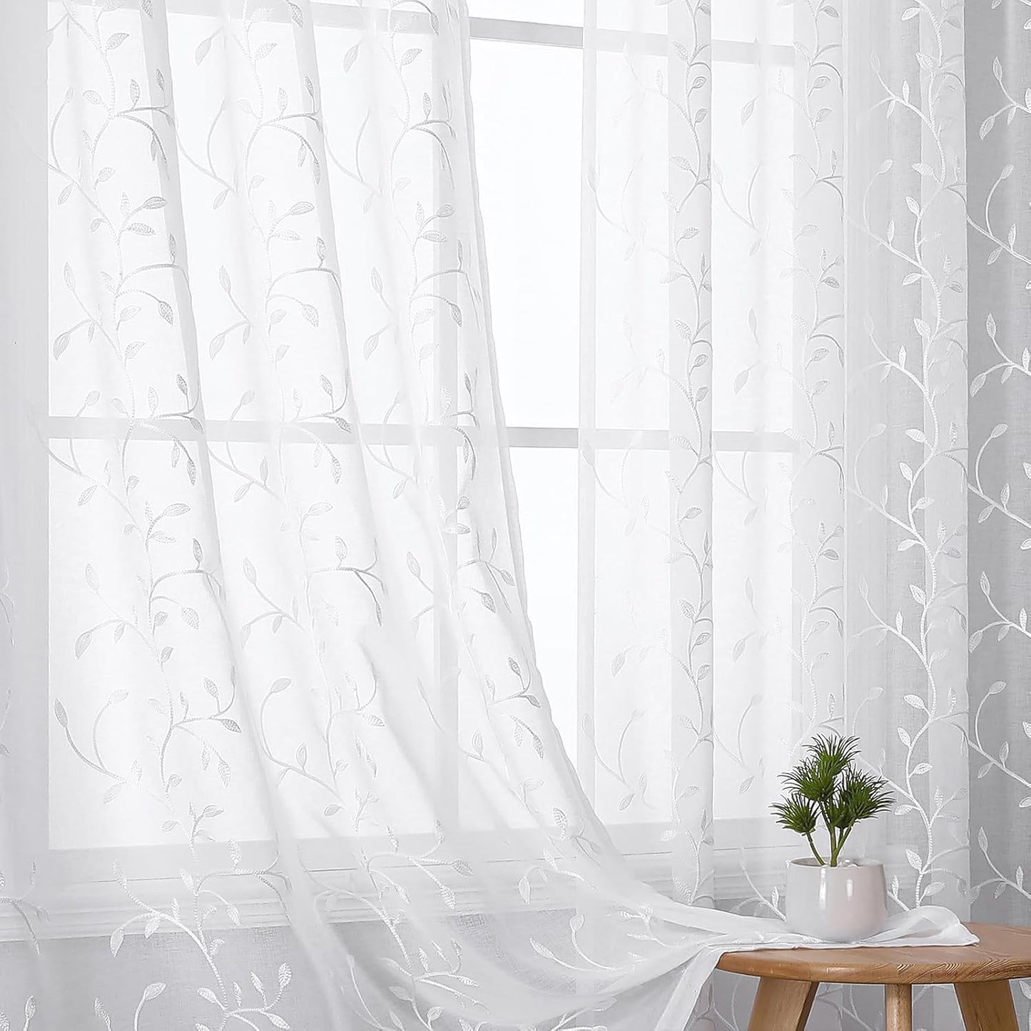 VISIONTEX White Sheer Voile Curtains, Decorative Leaves Embroidery Faux Linen Rod Pocket Window Drapes for Home Kitchen, Living Room and Bedroom 54 x 72 Inch, Set of 2 Curtain Panels