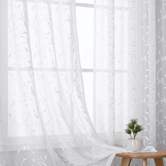 VISIONTEX White Sheer Voile Curtains, Decorative Leaves Embroidery Faux Linen Rod Pocket Window Drapes for Home Kitchen, Living Room and Bedroom 54 x 108 Inch, Set of 2 Curtain Panels