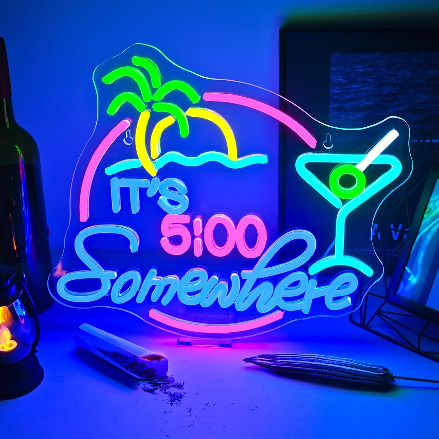 It's 5:00 Somewhere Neon Sign, USB Powered LED Neon Sign for Wall Decor,Dimmable, 5V/2A, for Home, Party, Gift, Bedroom, Man Cave, Bar, Beer Garage, Secrect Space
