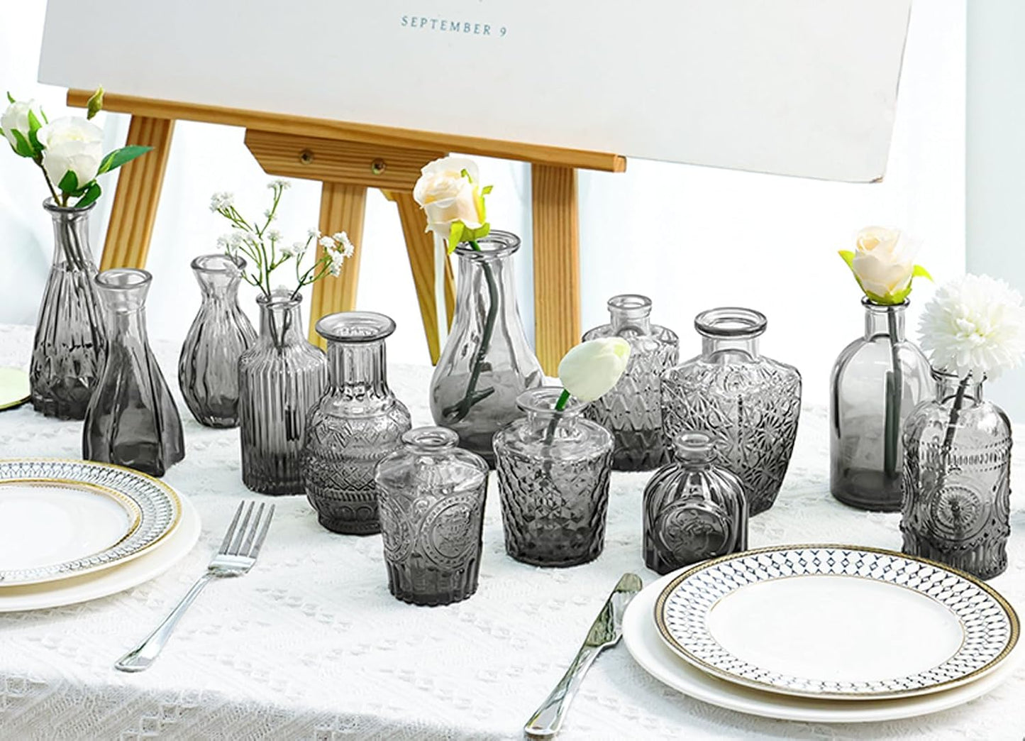20 Pcs Black Glass Bud Vases- Set Gray Small Vases for Flowers, Vintage Style Cute Glass in Bulk for Centerpieces Rustic Decorative Flower Wedding Table Home Decor