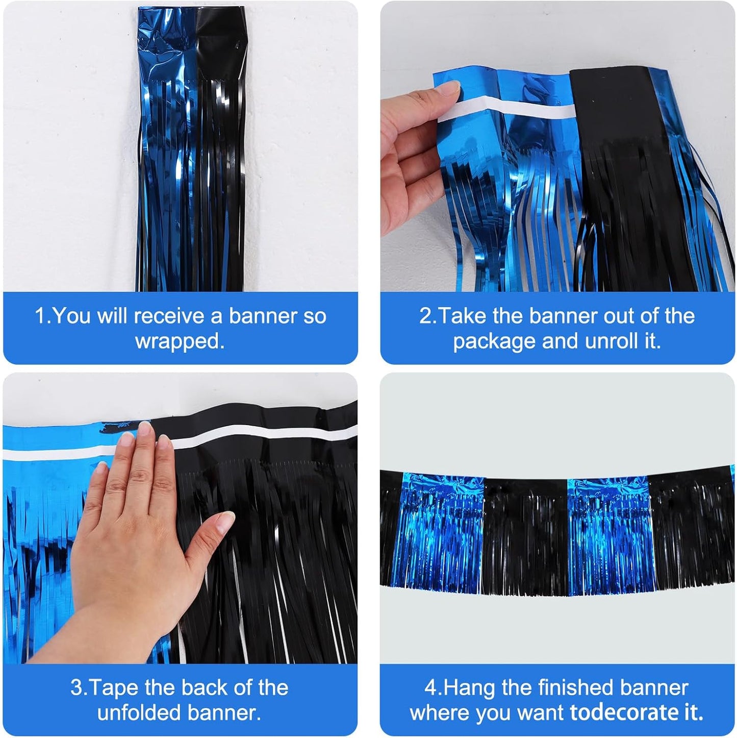 BEISHIDA 3 Packs Metallic Foil Fringe Garland Black Blue Wall Hanging Tinsel Fringe Banners for Car Floats Bridal Shower Wedding Birthday Easter Graduation Holiday Party Decoration(30 Feet)