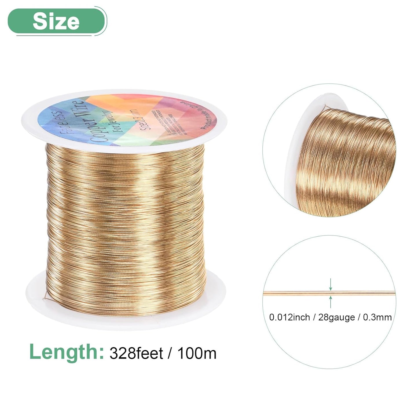 0.3mm Jewelry Wire, 28 Gauge 328FT Craft Wire Copper Beading Wire for Jewelry Making/Planting/Weaving/DIY Crafting, Soft Metal Wires [100M, Champagne Gold]