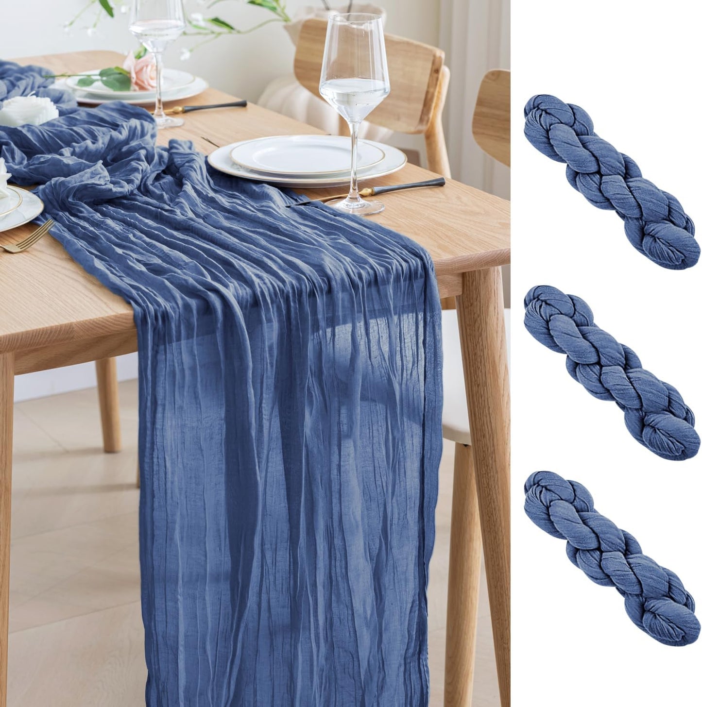 Asee'm 3pcs Cheesecloth Table Runner 120 Inches Long Blue Boho Gauze Cheese Cloth Runner 10FT Rustic Sheer Table Runners for Christmas Wedding Party Baby Shower Spring Easter Decoration