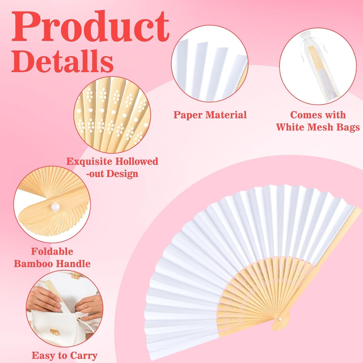 NEBURORA 24Pcs White Handheld Paper Fans 8.3 Inch Hand Held Bamboo Fans Foldable for Wedding Decoration Outdoor Party Favors DIY Decoration Dancing Photography Props