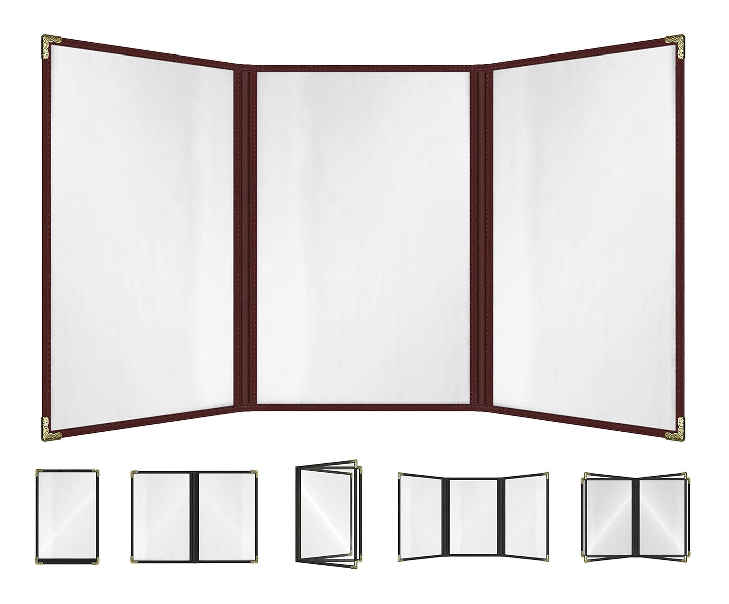 Goodsmart Restaurant Menu Covers – 25 Pack Burgundy 6-View Trifold 8.5" x 14", Side-Loading Vinyl & Plastic Menu Holders, Clear Menu Sleeves, Leather-Style Café Covers with Gold Corners