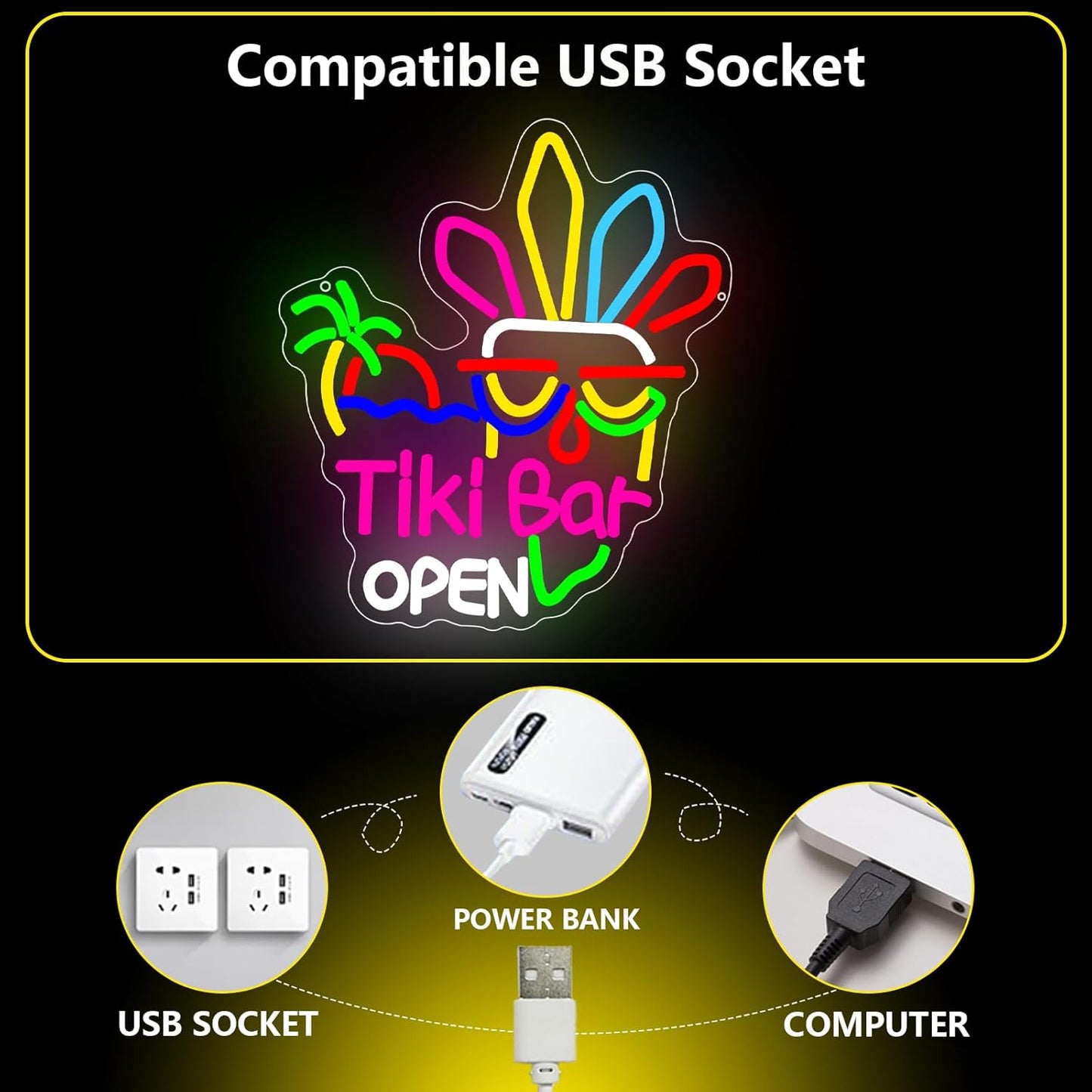 Tiki Bar Neon Sign, Tiki Bar Open Led Neon Light Signs for Wall Decor Hawaii Tropical Luau Aloha Party Outdoor Decorations for Pub Bistro Night Club Home Man Cave Dimmable USB Powered(13.8" × 12.2")