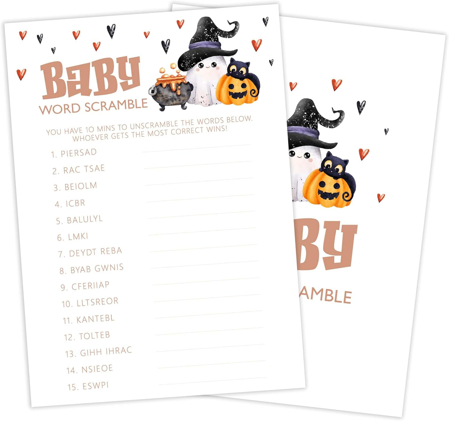 Baby Shower Games, Halloween Baby Word Scramble, 25 Double-Sided Game Cards + 1 Answer Card for Gender Reveal Party Decorations Supplies Announcement - B07