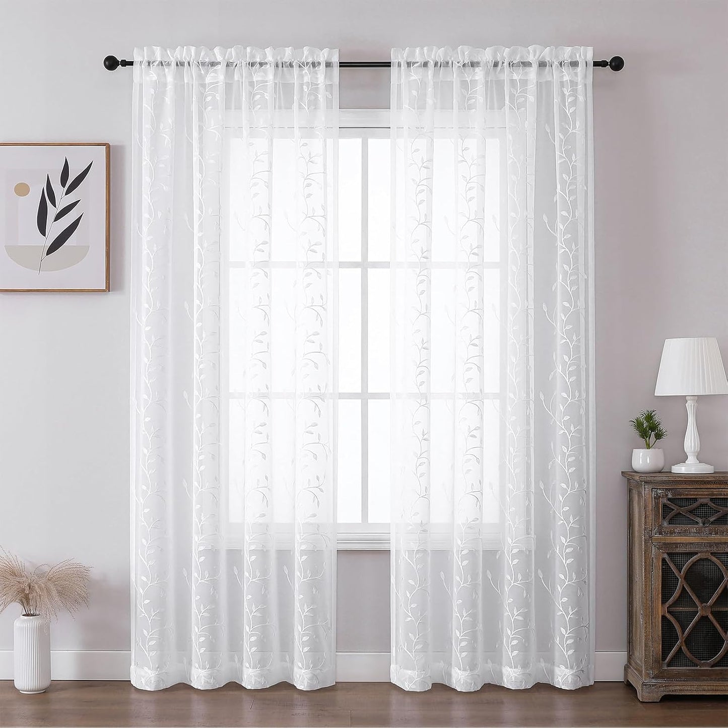 VISIONTEX White Sheer Voile Curtains, Decorative Leaves Embroidery Faux Linen Rod Pocket Window Drapes for Home Kitchen, Living Room and Bedroom 54 x 108 Inch, Set of 2 Curtain Panels