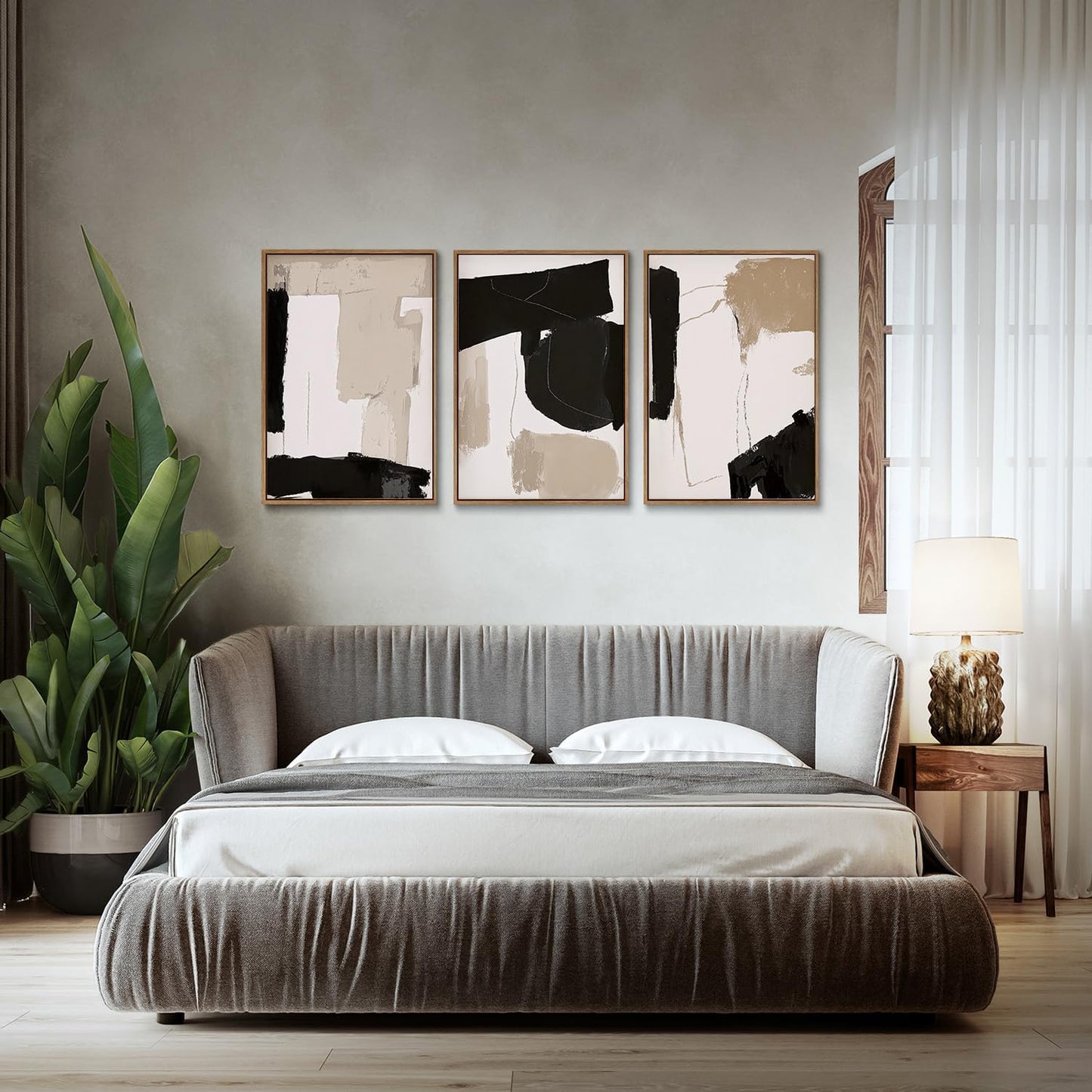 myusuar 3 Piece Large Modern Abstract Canvas Framed Wall Art For Living Room, Black And Beige Blocks Minimalist Wall Art Decor Posters Prints For Bedroom Office, 16x24in
