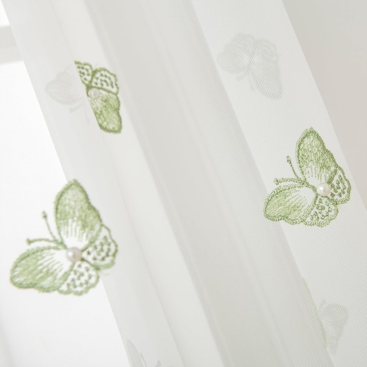 VISIONTEX White Sheer Voile Curtains, Decorative Green Embossed Butterflies Rod Pocket Window Drapes for Home Kitchen, Living Room and Bedroom 54 x 72 Inch, Set of 2 Curtain Panels