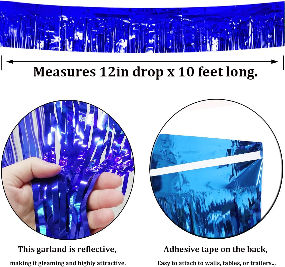 4 Pack Royal Blue Total 40 Feet Foil Fringe Garland Metallic Tinsel Banner Wall Hanging Drapes Parade Float Skirting Decorations for Trailer Mardi Gras Party Birthday Wedding Baby Shower