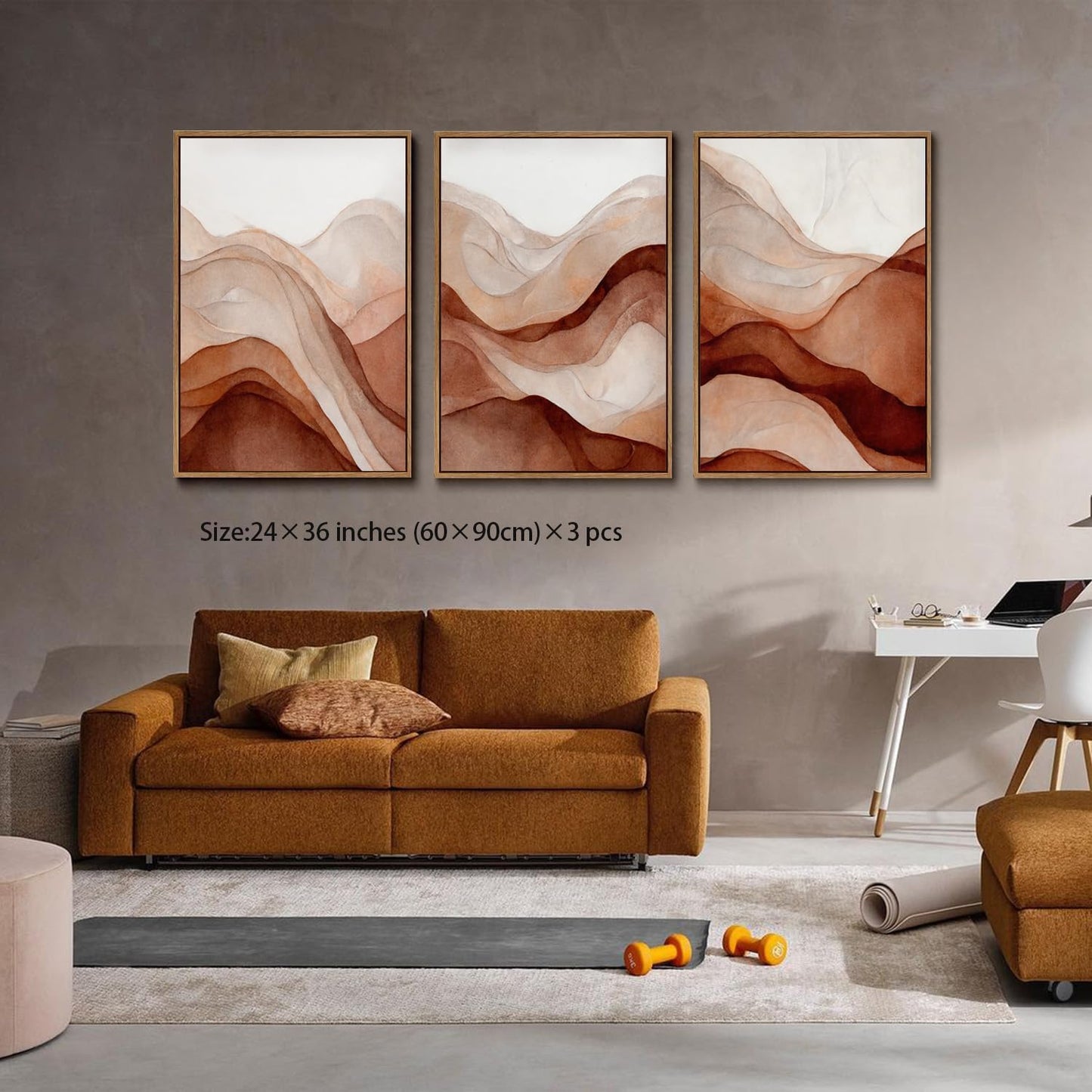 myusuar 3 Piece Large Abstract Framed Wall Art For Living Room, Smoke Texture Ink Warm Brown Terracotta Canvas Wall Art Modern Minimalist Art Prints Wall Décor For Bedroom Office 24x36in