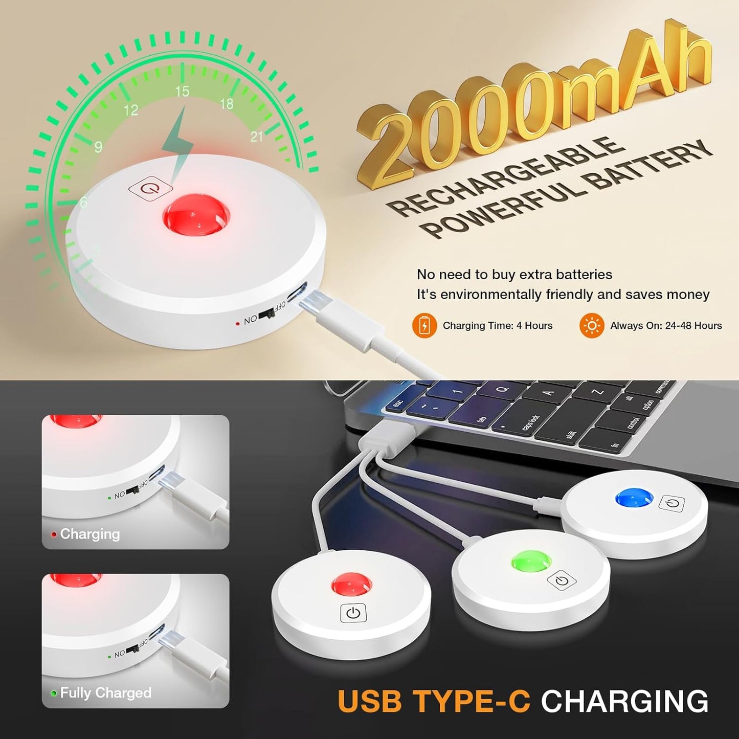 RGB Puck Lights with Remote Control, 2000mAh Rechargeable Stick on Led Lights, 9 Colors & 2 Dynamic, Tap Light with Timing,Under Cabinet Lighting for Closet,Kitchen,Cabinet,Shelf(White, 3 Pack)