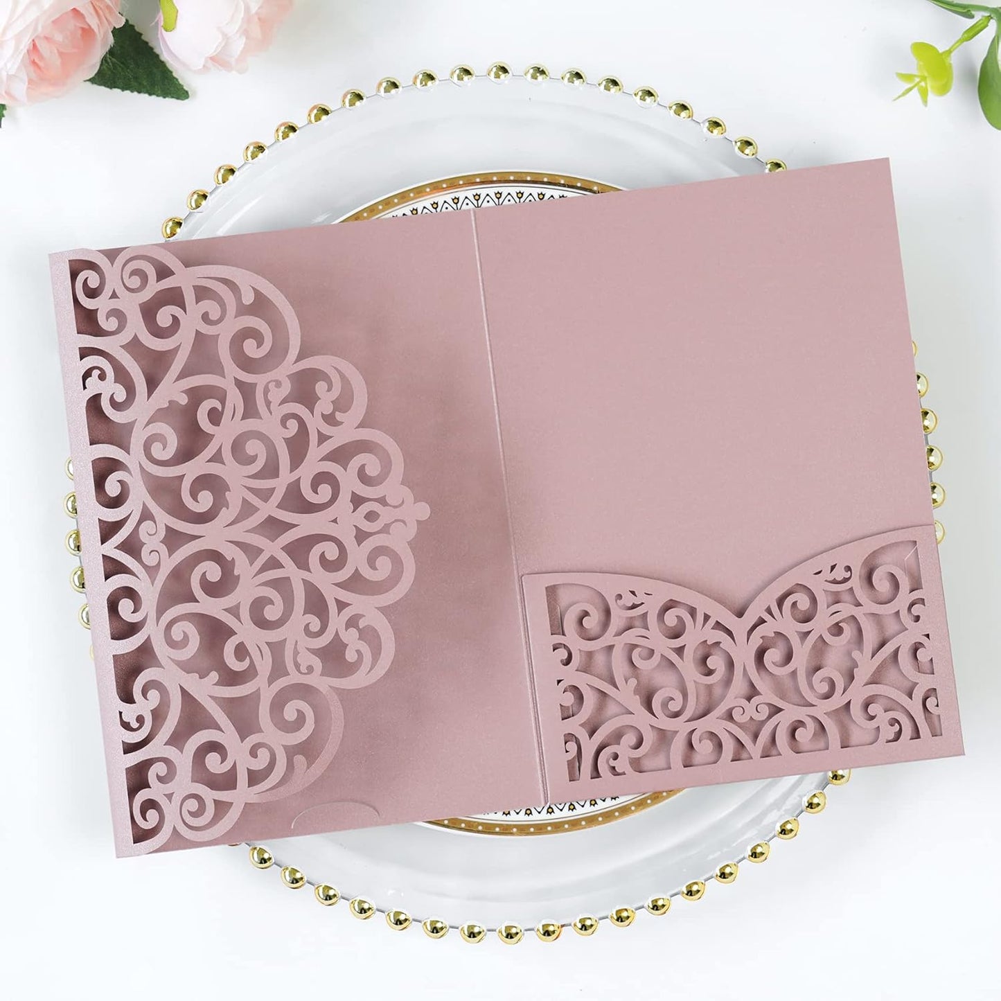 PONATIA 5.12 x 7.2 Dusty Rose Laser Cut Wedding Invitations, 5x7 Trifold Laser Cut Invitation Pockets with Envelopes for Wedding Bridal Shower Engagement Quinceanera Invitations (20PCS No Inner Sheet)