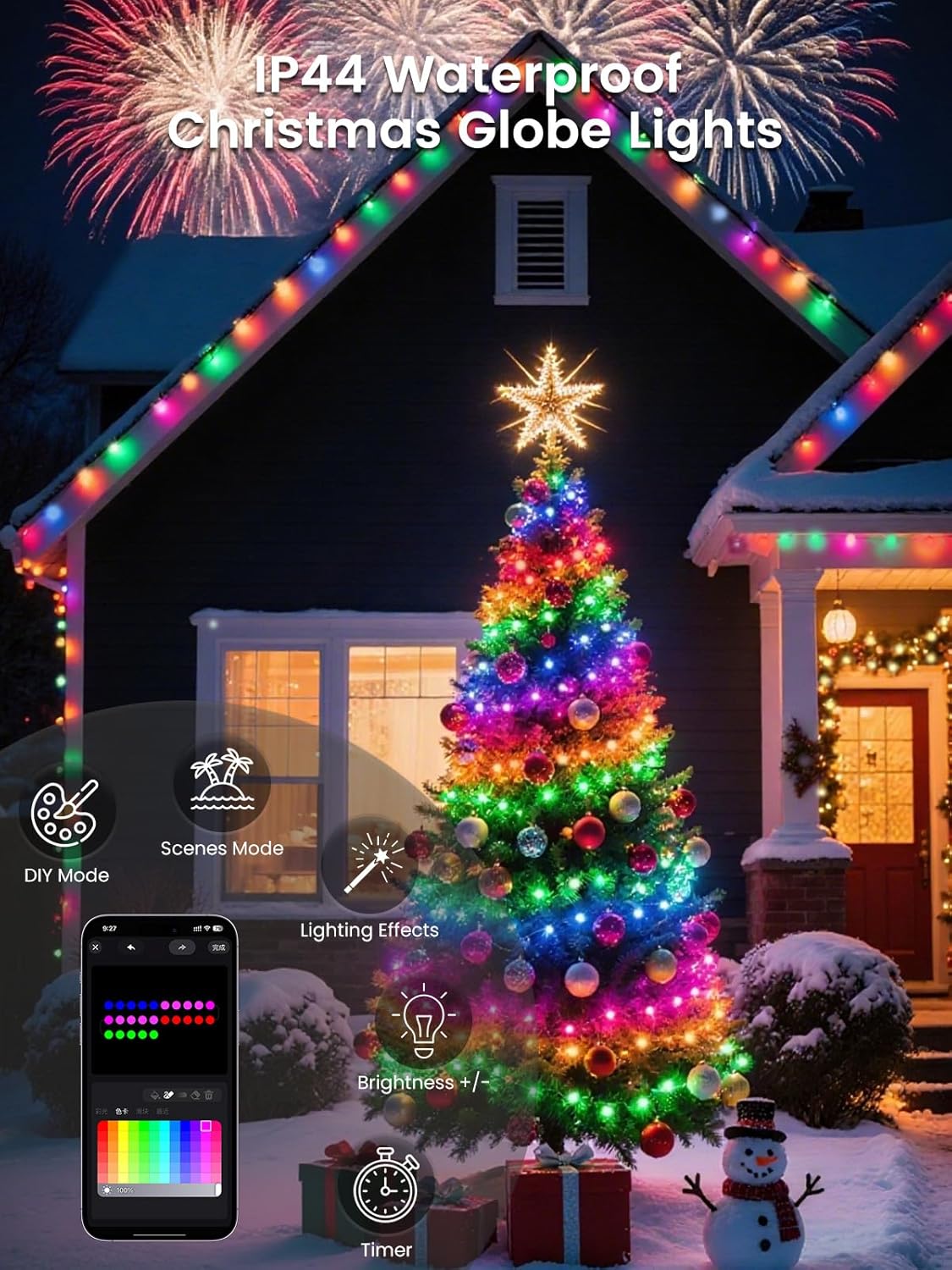 46ft Smart Color Changing Christmas Lights, 100 LED RGB Globe String Lights App Control with Remote & Timer, Music Sync Fairy Light Plug in Waterproof for Christmas Decoration Indoor Outdoor Bedroom