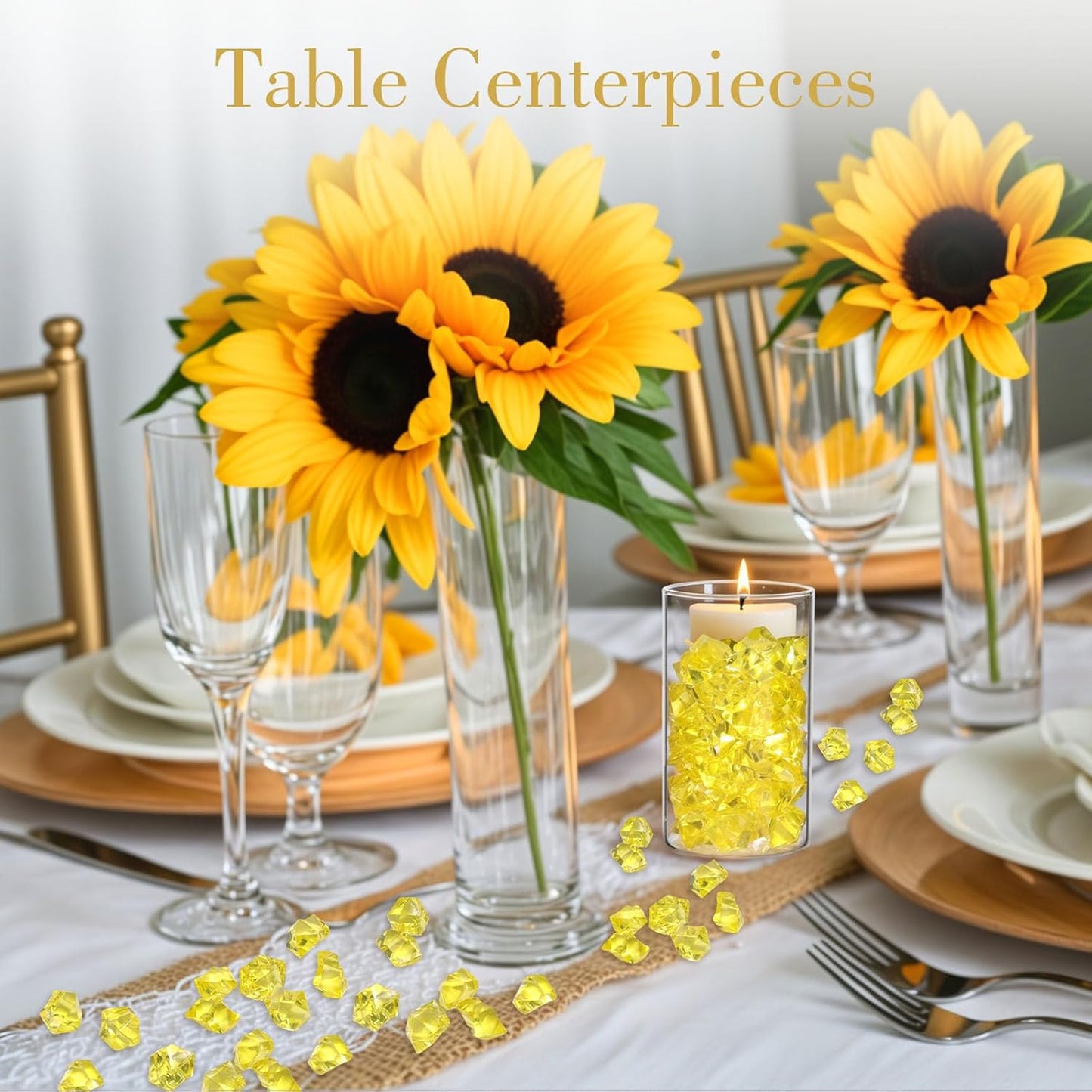 DomeStar Yellow Fake Ice Rocks, 150PCS Acrylic Gems Crystals Plastic Diamonds Fake Ice Cubes for Vase Fillers DIY Craft Wedding Photography Prop Display Table Scatter Home Amalfi Coast Decorations