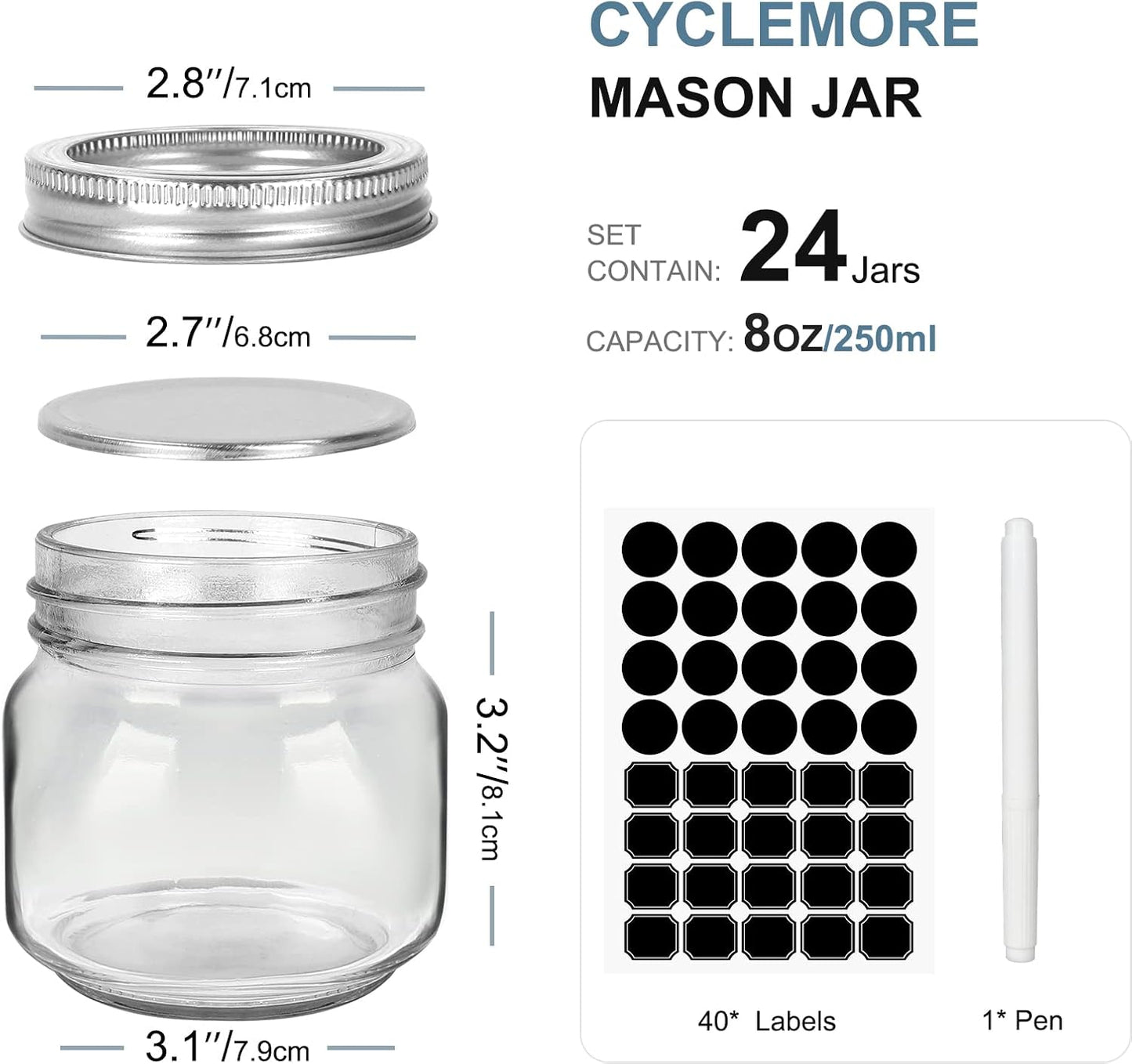 CycleMore 24 Pcs 8oz Clear Glass Mason Jars With Regular Silver Separable Lids, 250ml Round Spice Canning Jars for Honey, Jam, Herb, Wedding Favors, Kitchen Storage, DIY Souvenir