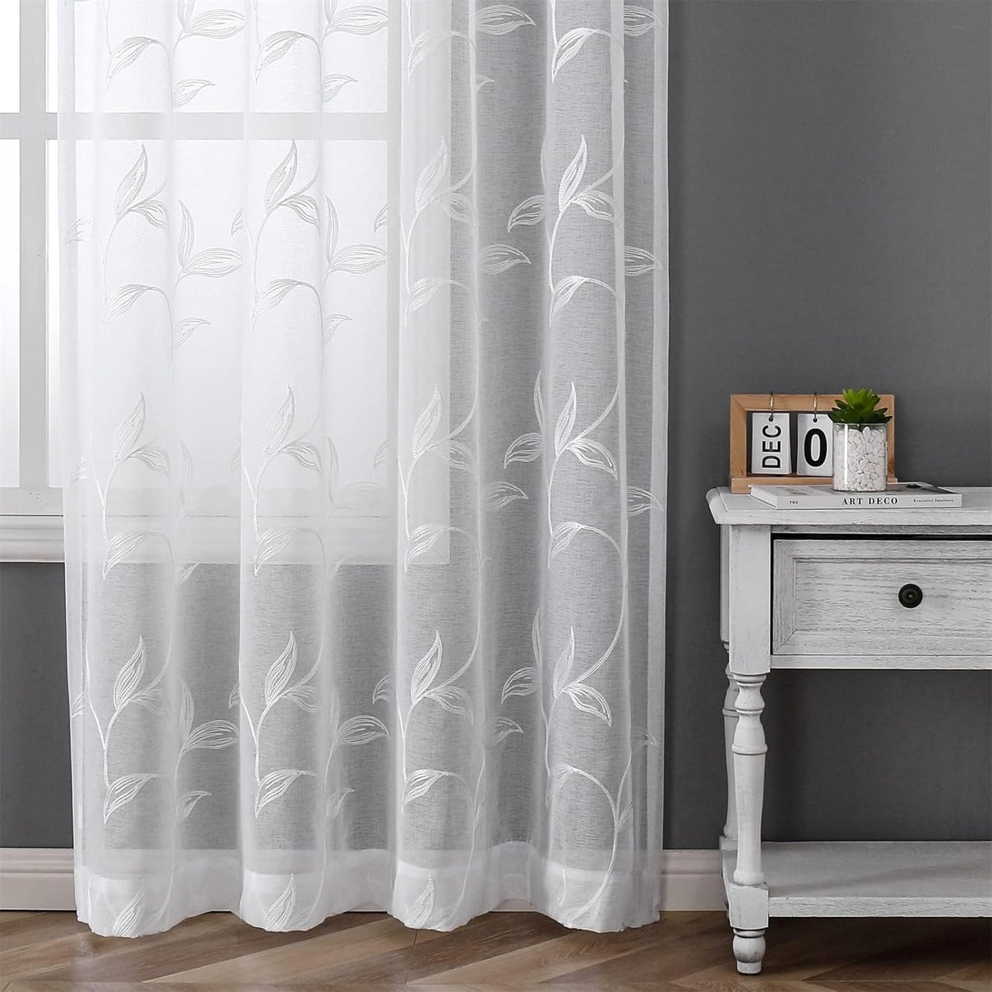 VISIONTEX Sheer Curtains 54 inch Length 2 Panels Set, White Voile Crushed Vine Leaves Embroidery, Rod Pocket Embroidered Window Drapes for Living Room and Bedroom, 54" x 54"