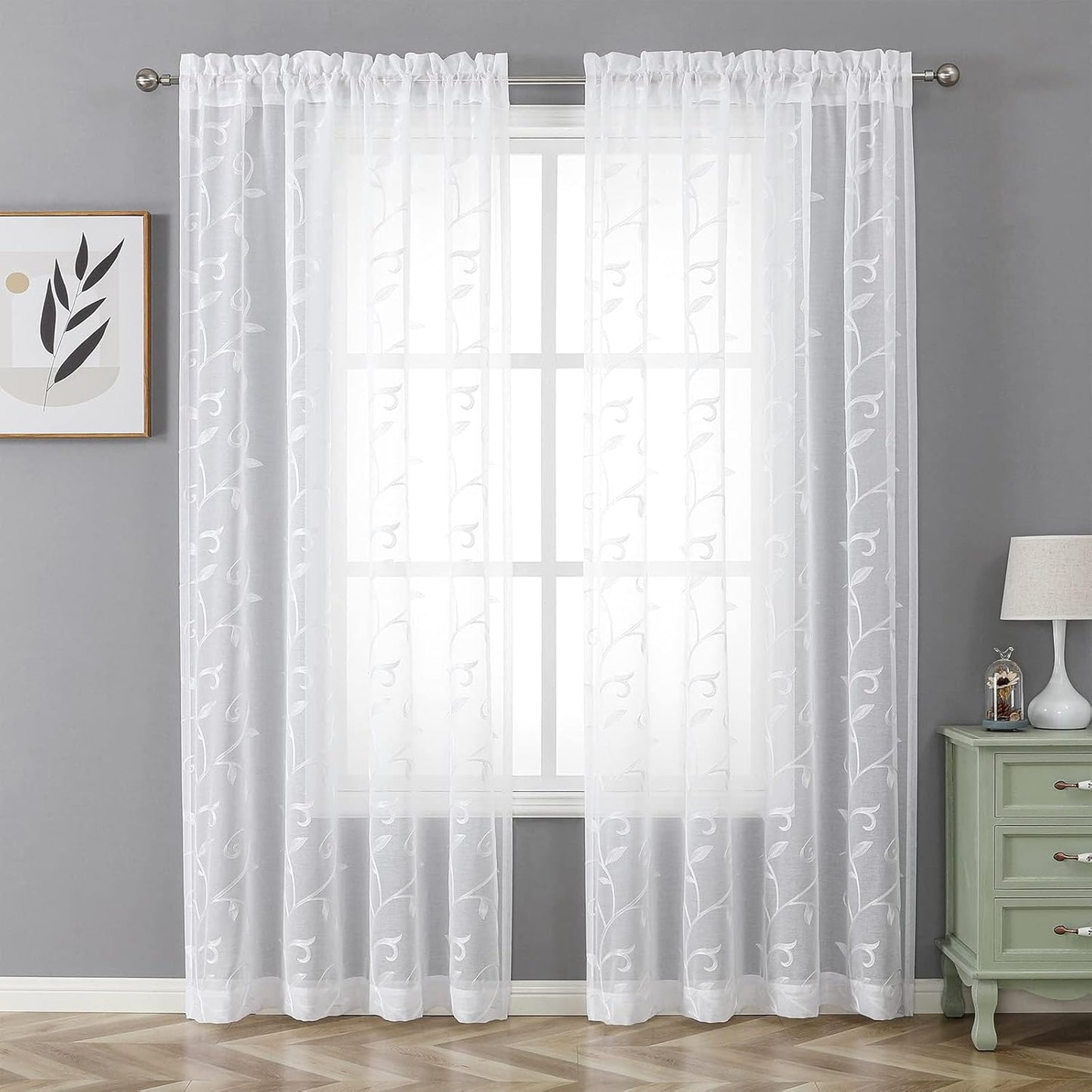VISIONTEX Sheer Curtains 120 inch Length 2 Panels Set, White Voile Crushed Vine Leaves Embroidery, Rod Pocket Embroidered Window Drapes for Living Room and Bedroom, 54" x 120"