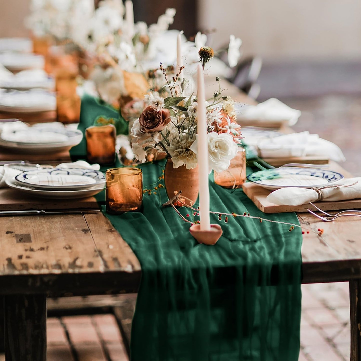 Hahuho Emerald Green Cheesecloth Table Runner 10ft, Gauze Boho Rustic Table Runners for Wedding Birthday Party Baby Shower Decorations（1 Pack , 35x120 Inches）