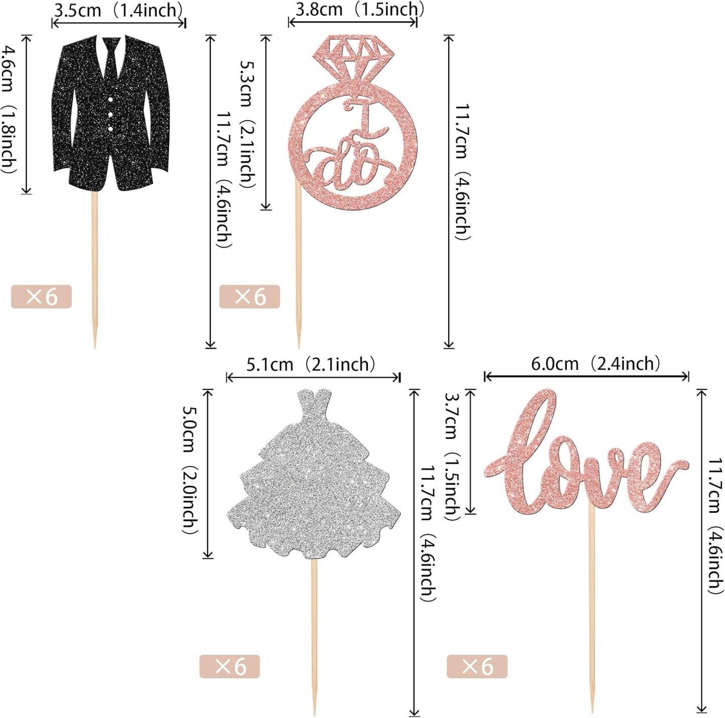 24 PCS Groom and Bride Cupcake Toppers Glitter Ring Love I Do Cupcake Picks Marriage Bridal Shower Cake Decorations for Wedding Engagement Bridal Shower Theme Party Supplies Rose Gold