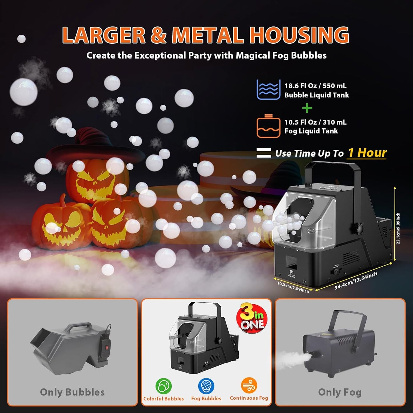 Smoke Machine, 3-in-1 Bubble Fog Machine, 450W Bubble Fogger with Remote Control, Make Colorful Bubbles | Fog Bubbles | Continuous Fog for Stage DJ Wedding Halloween Party