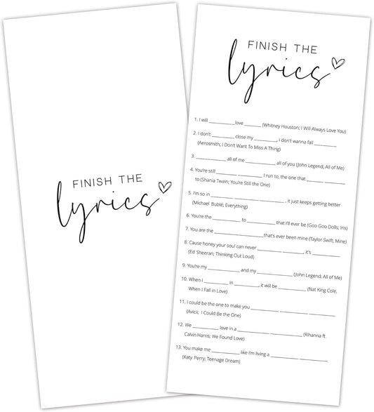 Bridal Shower Games, Finish the Lyrics, 25Pcs 4x9inch Minimalist White Double-Sided Bridal Game Cards with 1 Answer Key, Wedding Shower Games for Guests, Engagement Bachelorette Party Supplies - A09