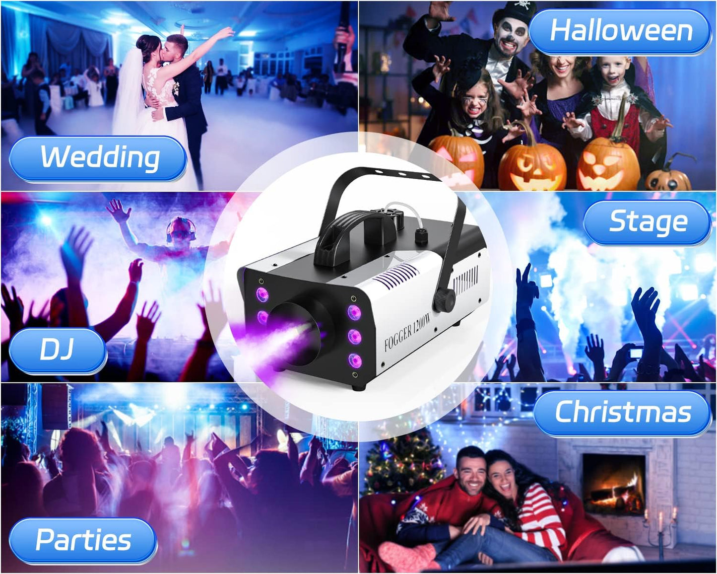 1200W RGB Fog Machine, 6 Colorful LED Lights for Smoke Machine Indoor/Outdoor Use, Perfect for Parties, Weddings, and Stage Effects 2PC