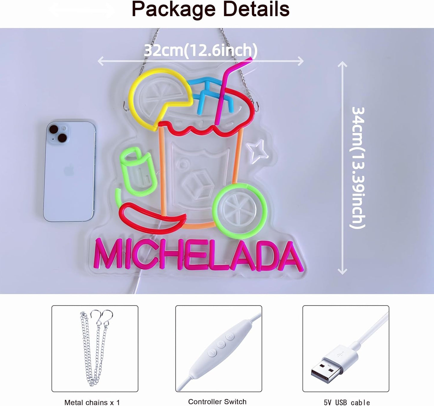 CNBEYOUNG Michelada Neon Sign, Neon Lights Hanging Wall Art Decoration for Mexican Restaurant Cocktail Bar Man Cave Kitchen Party Home Decor, USB Powered Ultra Bright Dimmable,13.46x 12.6inches