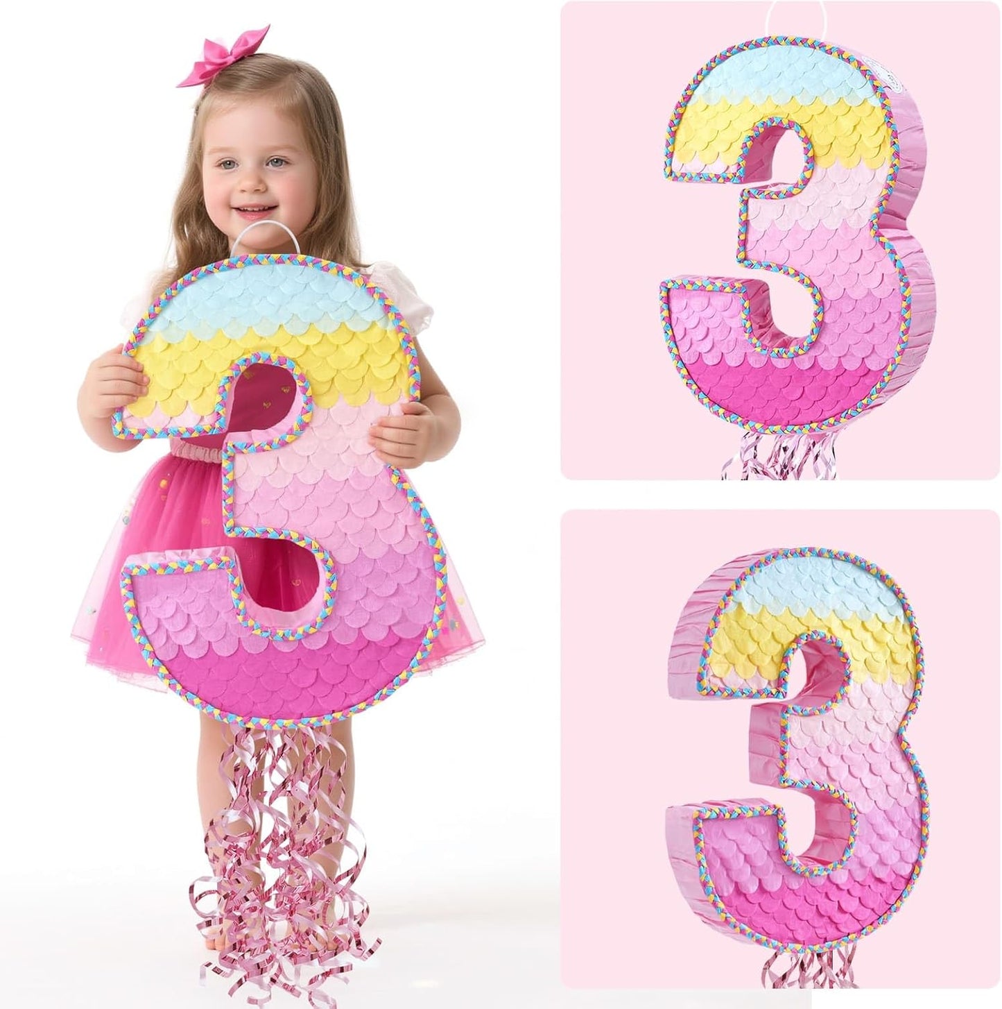 WERNNSAI Pink Sweet Three Pinata - Number 3 Pinata Happy Birthday Decoration Pink Rainbow Design Party Games for Girl Princess Baby Shower Party Favor with Blindfold Anniversary Celebration Supplies