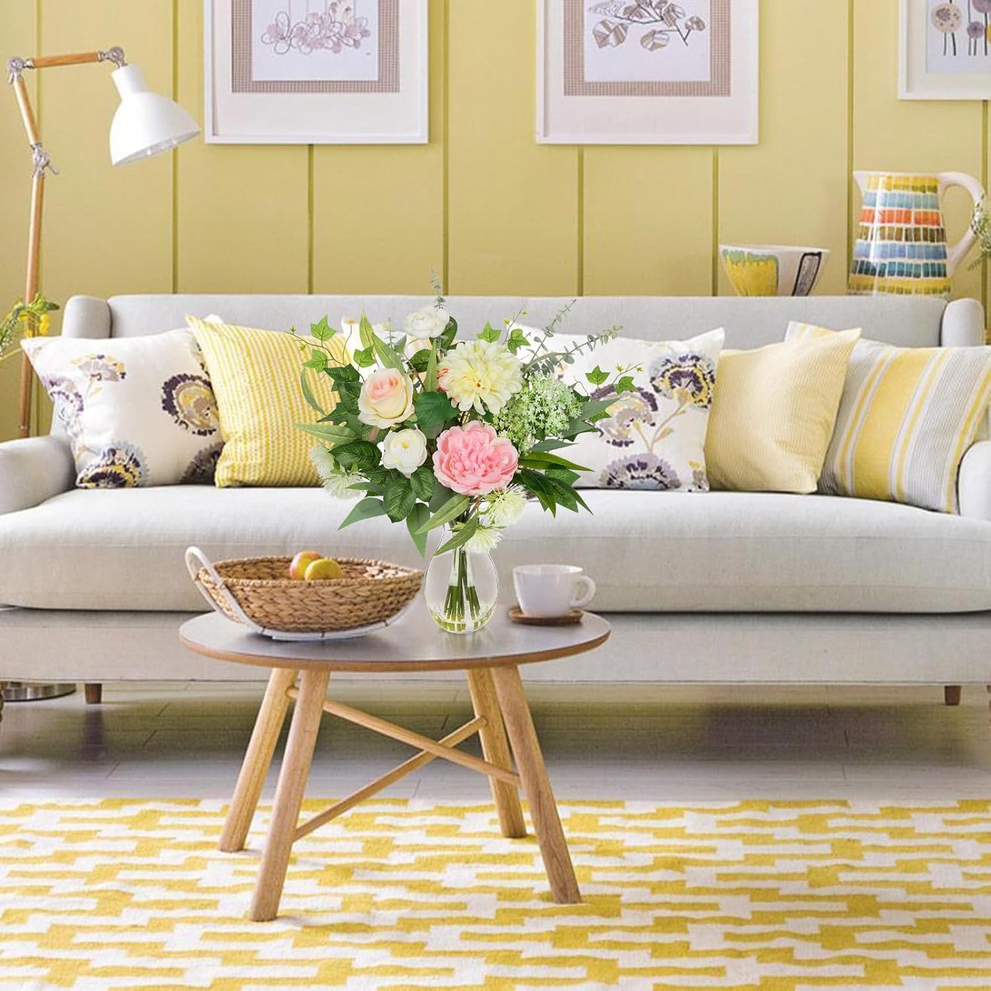 Briful Artificial Floral Arrangement with Faux Water – 19.7” Tall Mixed Peony, Rose, Dahlia & Eucalyptus Fake Flowers in Vase – Faux Flower in Glass Vase for Home Table Centerpiece Decoration