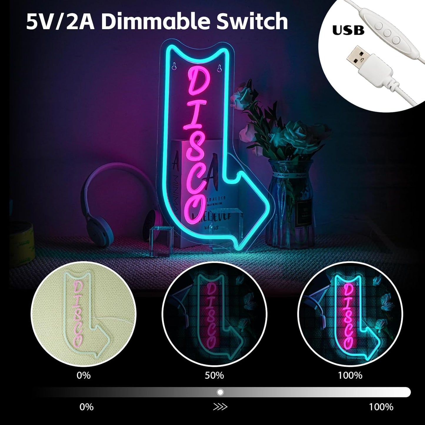Looklight Disco Neon Signs for Wall Decor Pink Blue LED Word Light Sign Right-Pointing Arrow Neon Light USB Light Up Letters Sign for Disco Lover Music Bar Music Studio Rec Room Bedroom Party Decor
