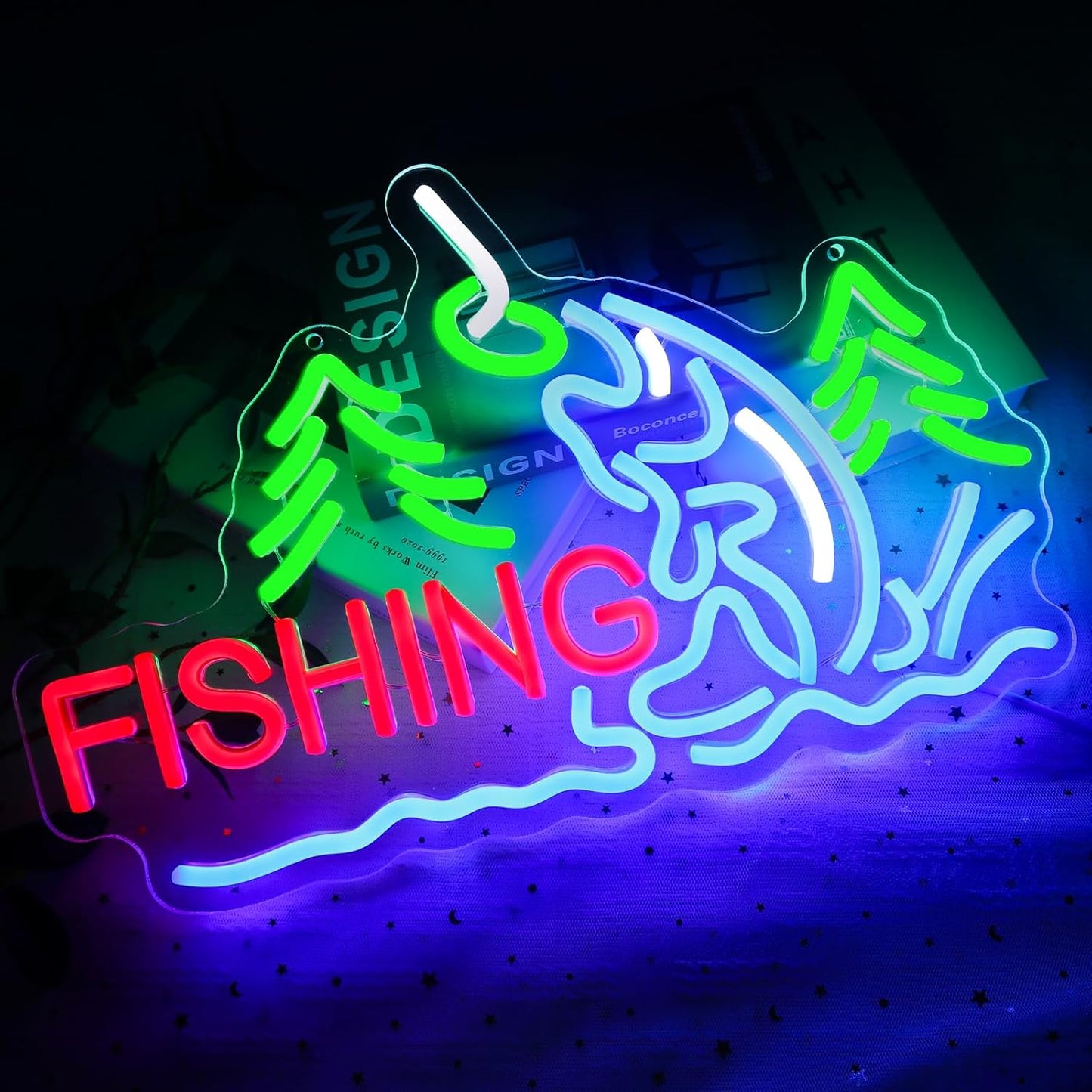 Fishing Neon Sign for Wall Decor, Fish Led Signs for Room, USB Dimmable Neon Lights for Fishing Gear Store Man Cave Bedroom Living Room Game Room Man Cave Party Business Yacht Sign