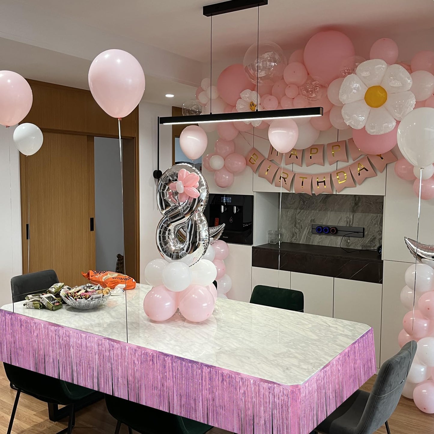 Laser Pink Birthday Decorations Tinsel Garland Parade Float Decorations for Trailer 4Pack 12FT Girls Womens Party Decor Ceiling Fringe Banner Pink Backdrop for Streamers Party Decorations