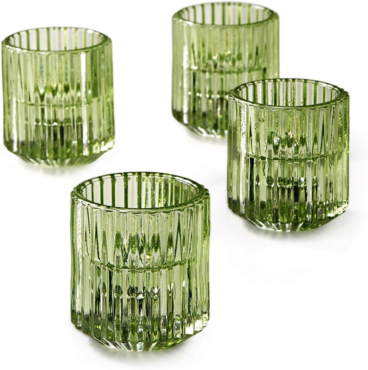 Serene Spaces Living Set of 4 Green Ribbed Glass Votive Holders, Perfect for Weddings and Home Décor, Measures 2.25" Tall and 2" Diameter