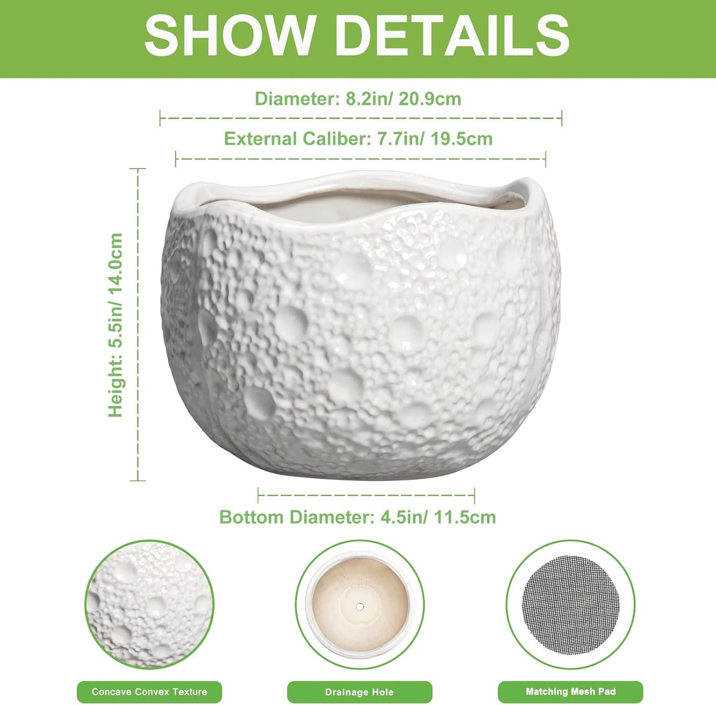 Ceramic Plant Pot - 8 Inch Round Planter with Drainage Hole, Decorative Plant Pots for Indoor Outdoor Plants, Modern Unique Flower Pots, House Living Room Decor, Housewarming Gifts, White