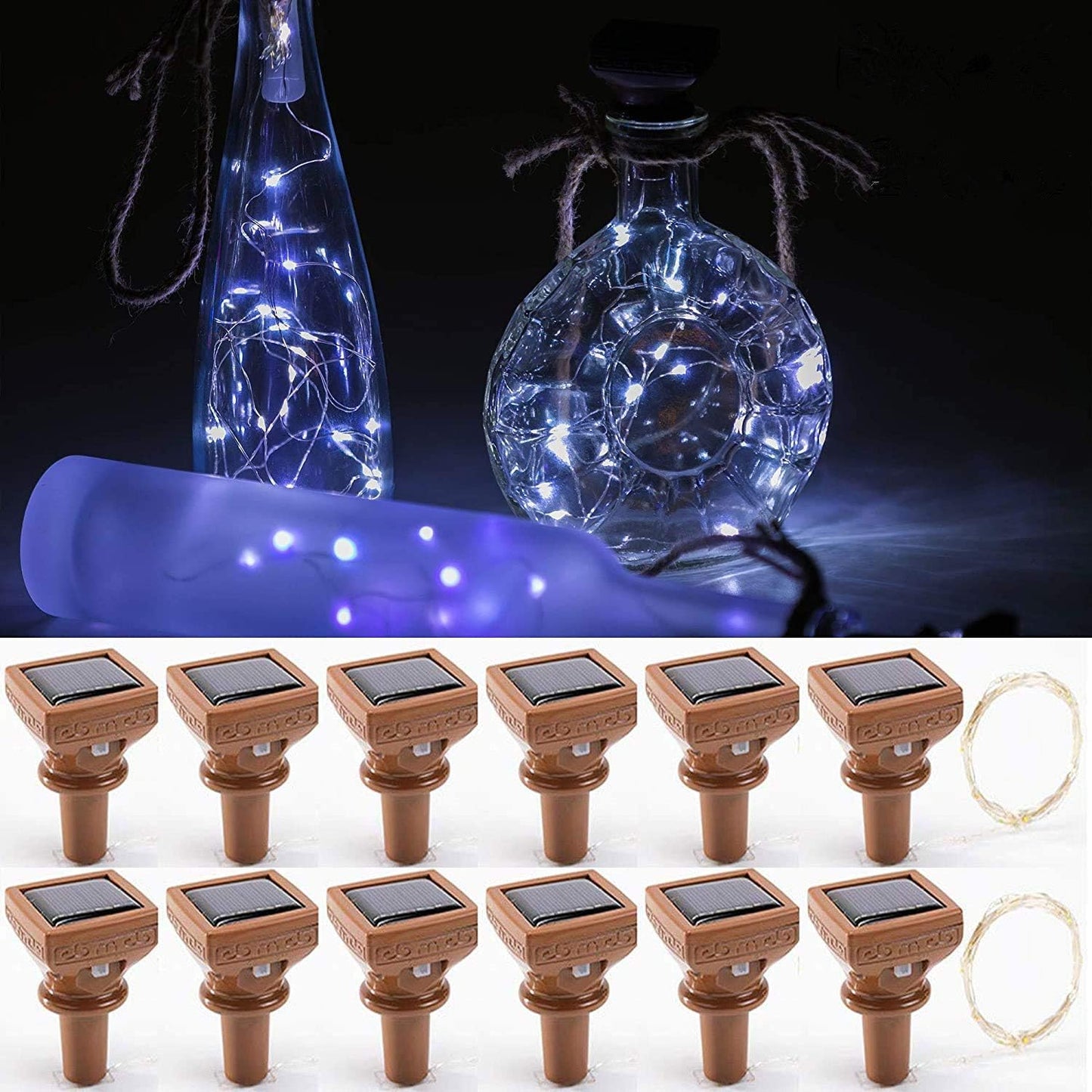 YJFWAL Upgraded 12 Pack Solar Wine Bottle Lights, 20 LEDs Waterproof Copper Light, Bottle Light Fairy Cork String Lights for Yard Patio Decor, DIY Birthday Gift for Mom Grandma Girlfriend(Cool White)