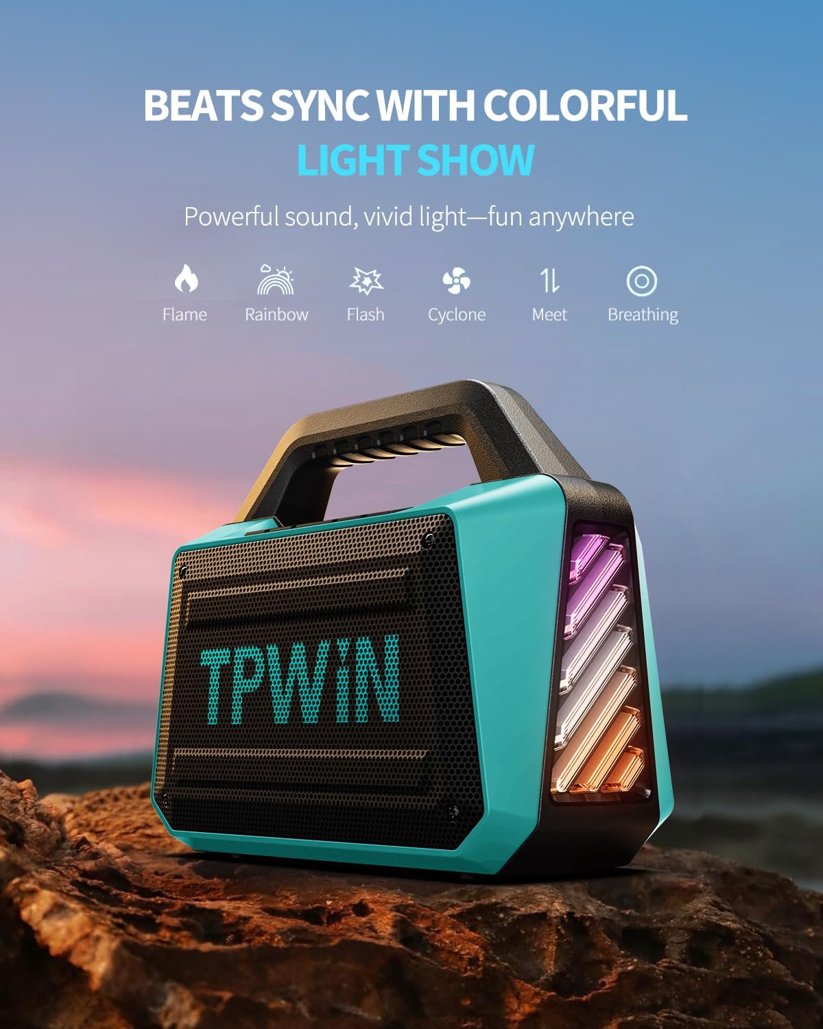 Powerful 80W Outdoor Bluetooth Speaker: IPX6 Waterproof, Rugged, 20H Playtime, Deep Bass, Lightshow, TWS, BT 5.3 Wireless, Portable for Travel Hiking Camping Beach Pool - Teal
