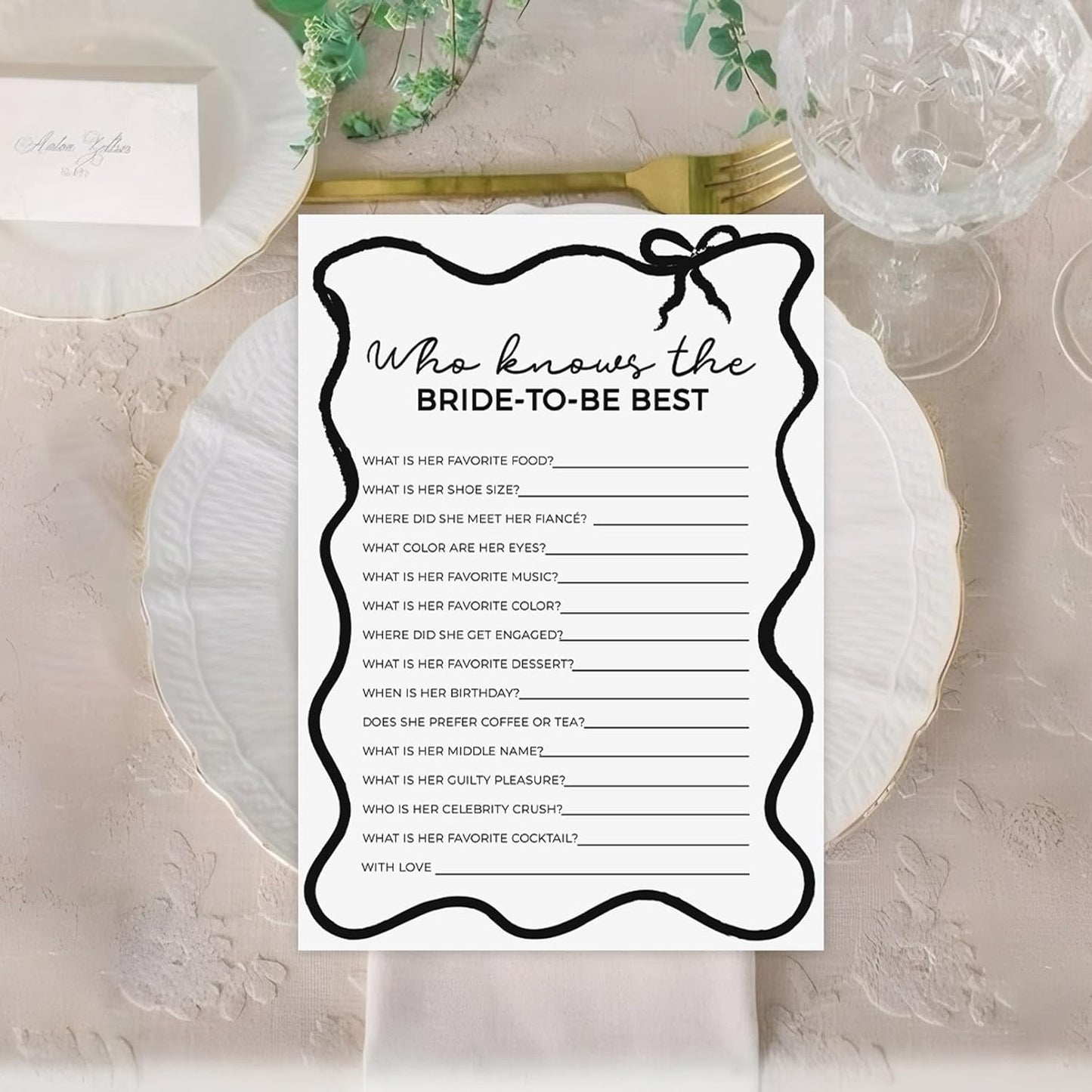 DEEKA 30 PCS Bridal Shower Games Card for 30 Guests Black Wavy Border Ribbon Bow Funny Wedding Bachelorette Party Games for Reception (Who Knows The Bride-to-be Best)