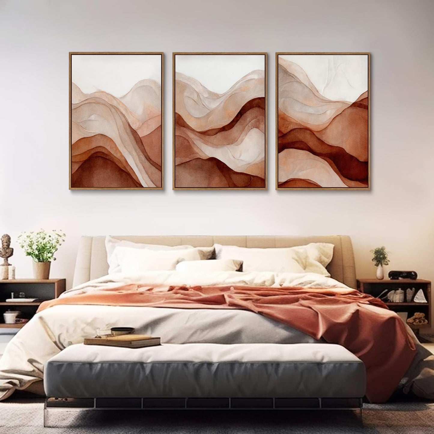 myusuar 3 Piece Large Abstract Framed Wall Art For Living Room, Smoke Texture Ink Warm Brown Terracotta Canvas Wall Art Modern Minimalist Art Prints Wall Décor For Bedroom Office 24x36in