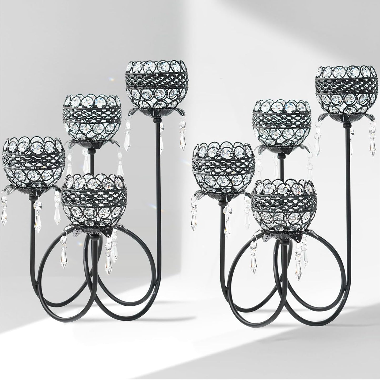 4 Arms Crystal Candelabra Tealight Holder - Tall 15.7 Inch Elegant Centerpiece with Crystal Pendant Bowls & Artistic Metal Stand for Wedding, Dining Table, Home Decor (2, Black)