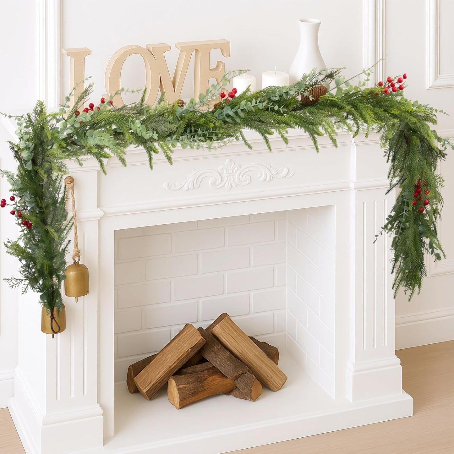 6FT Christmas Garland Norfolk Pine Tree Artificial Cedar Eucalyptus Greenery, Realistic Pine Garland for Mantel Fireplace Stair Rail Doorway Table Centerpiece, Indoor Outdoor Winter Decor