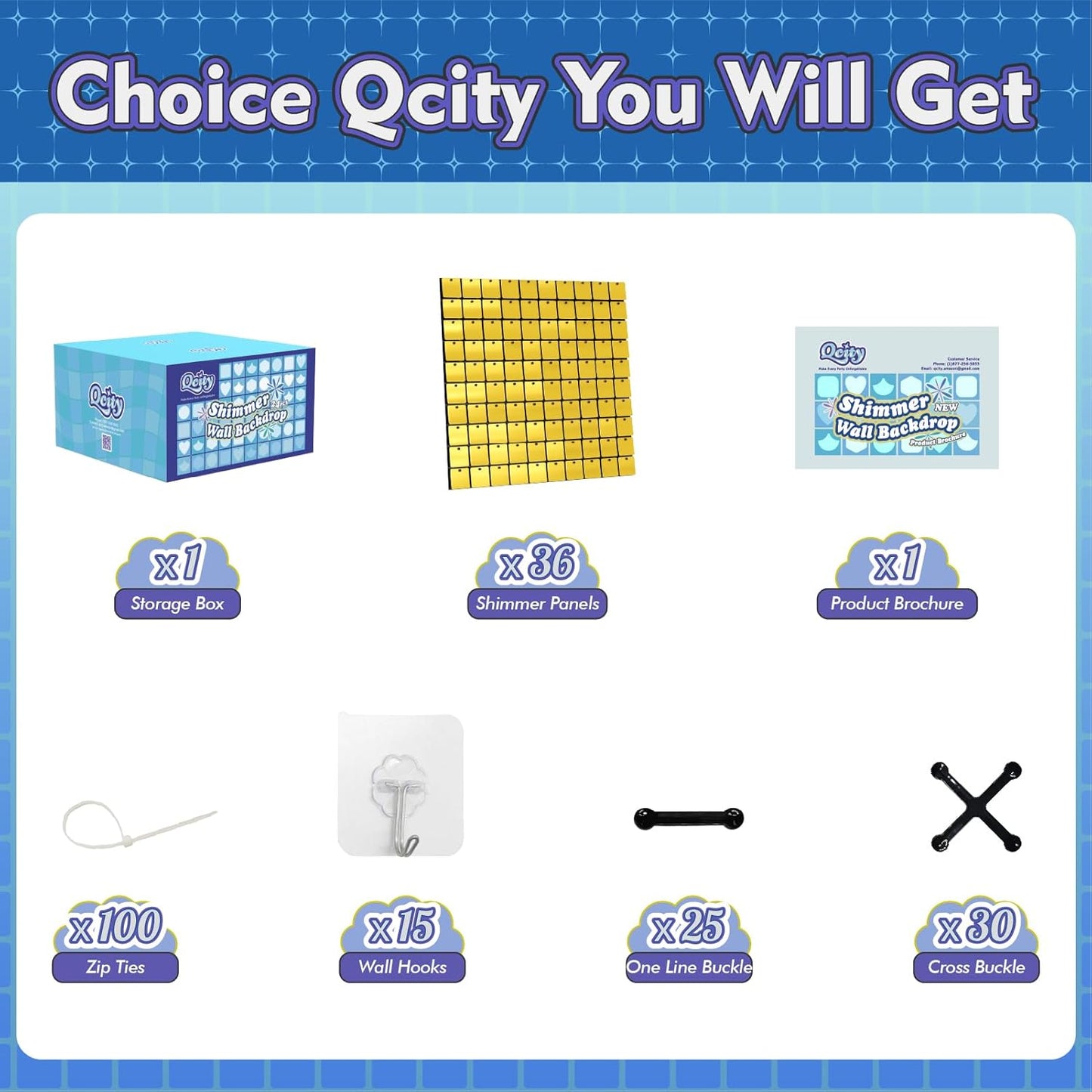 Qcity Gold Shimmer Wall Backdrop 36PCS, Black Back Not See-Through Design, Square Sequin Glitter Backdrop Panel, Perfect for Outdoor Events, Birthdays, Wedding and Party Decoration